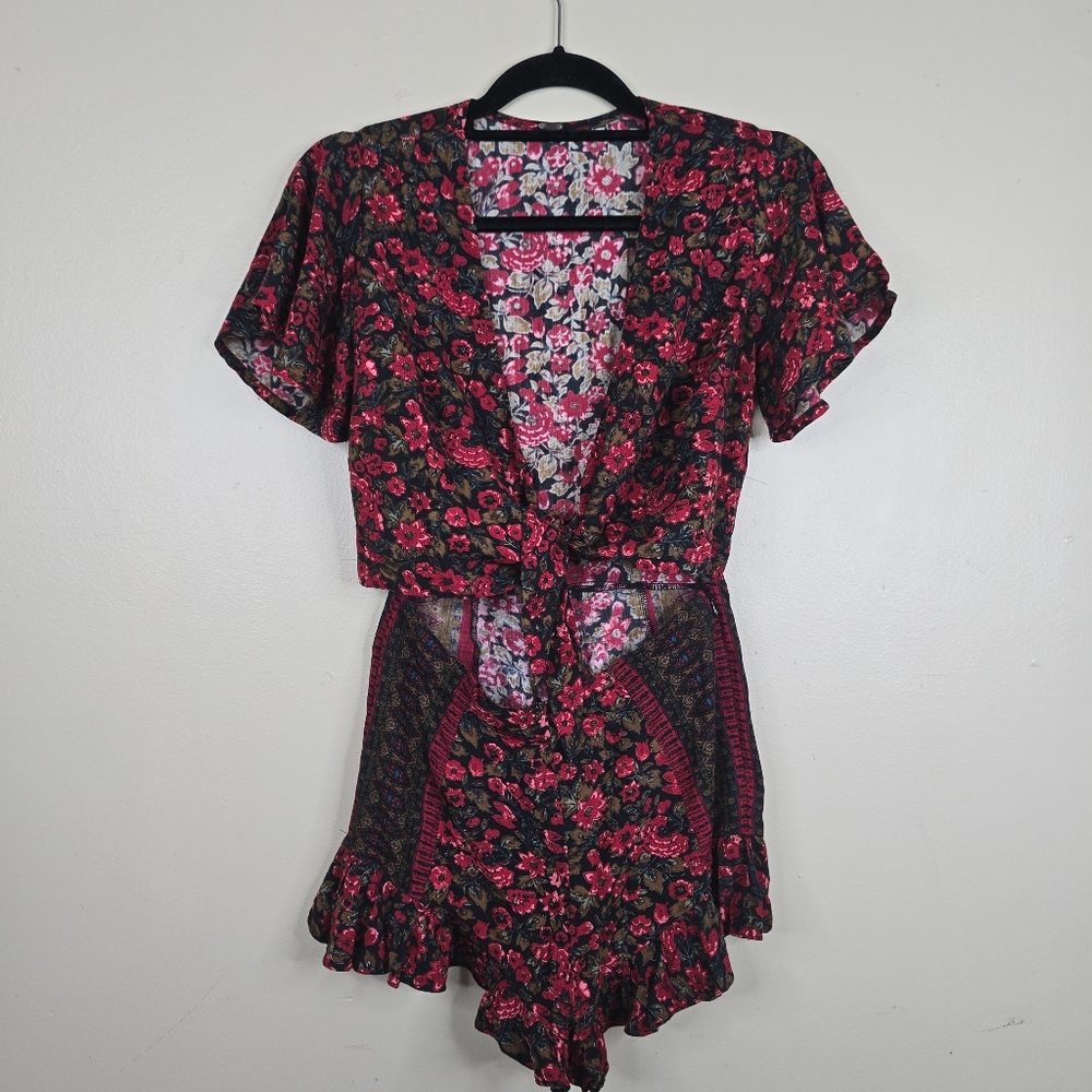 FREE PEOPLE SURF DATE Romper Red Floral Women's One Piece Size 4 Cut Out Ruffle